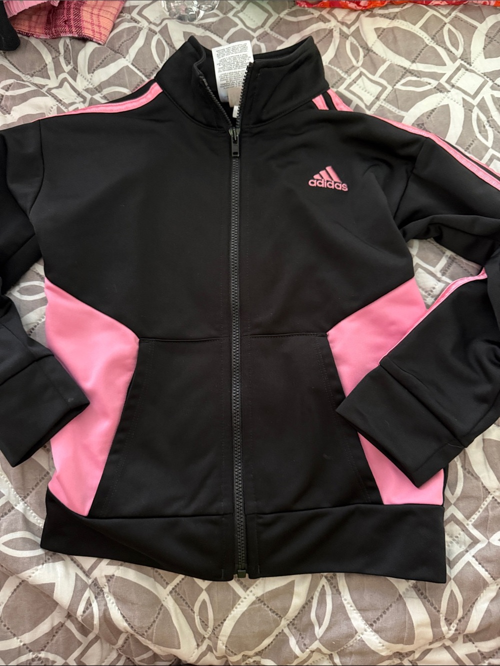 adidas Black and Pink Girls Zip-Up Track Jacket